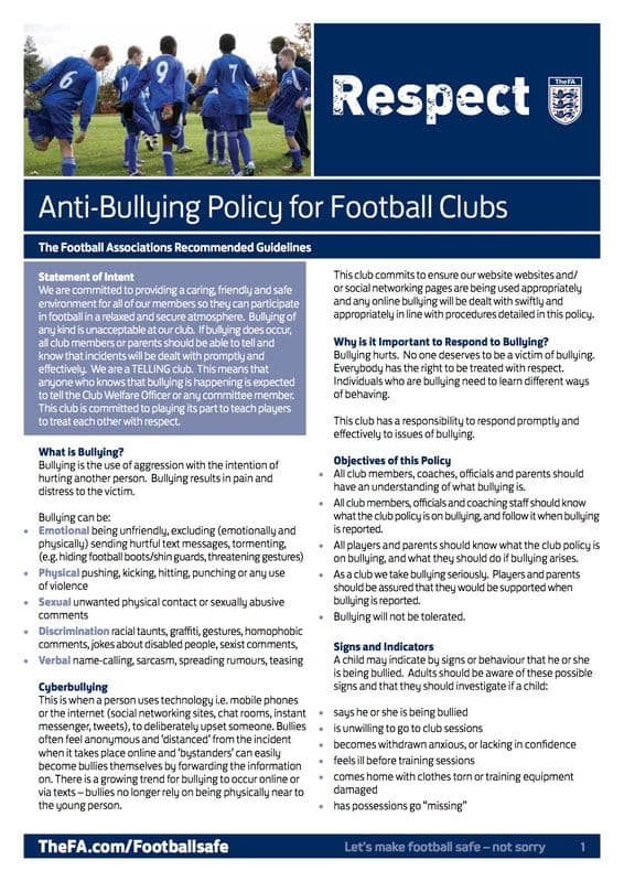 FA Respect: Anti-Bullying Policy for Football Clubs